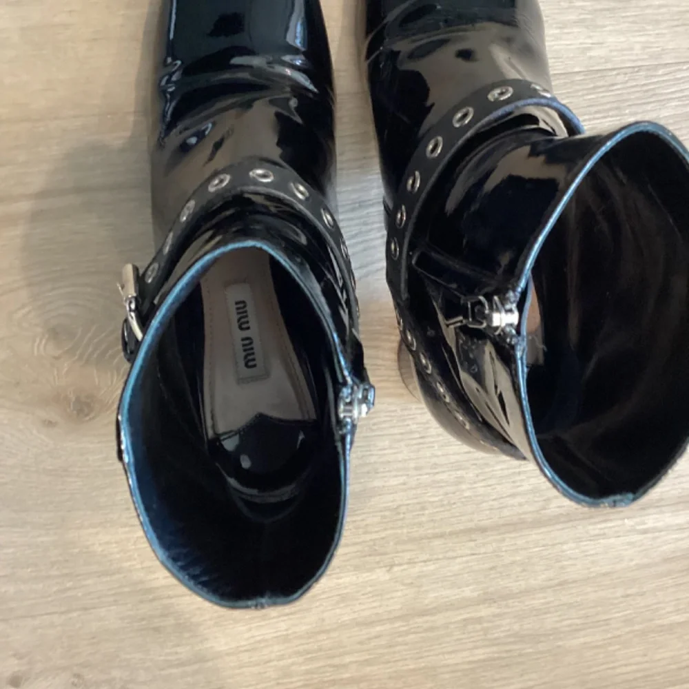 MIU MIU Eyelet Embellished Patent Leather Ankle Boots Black Size 37.5 7